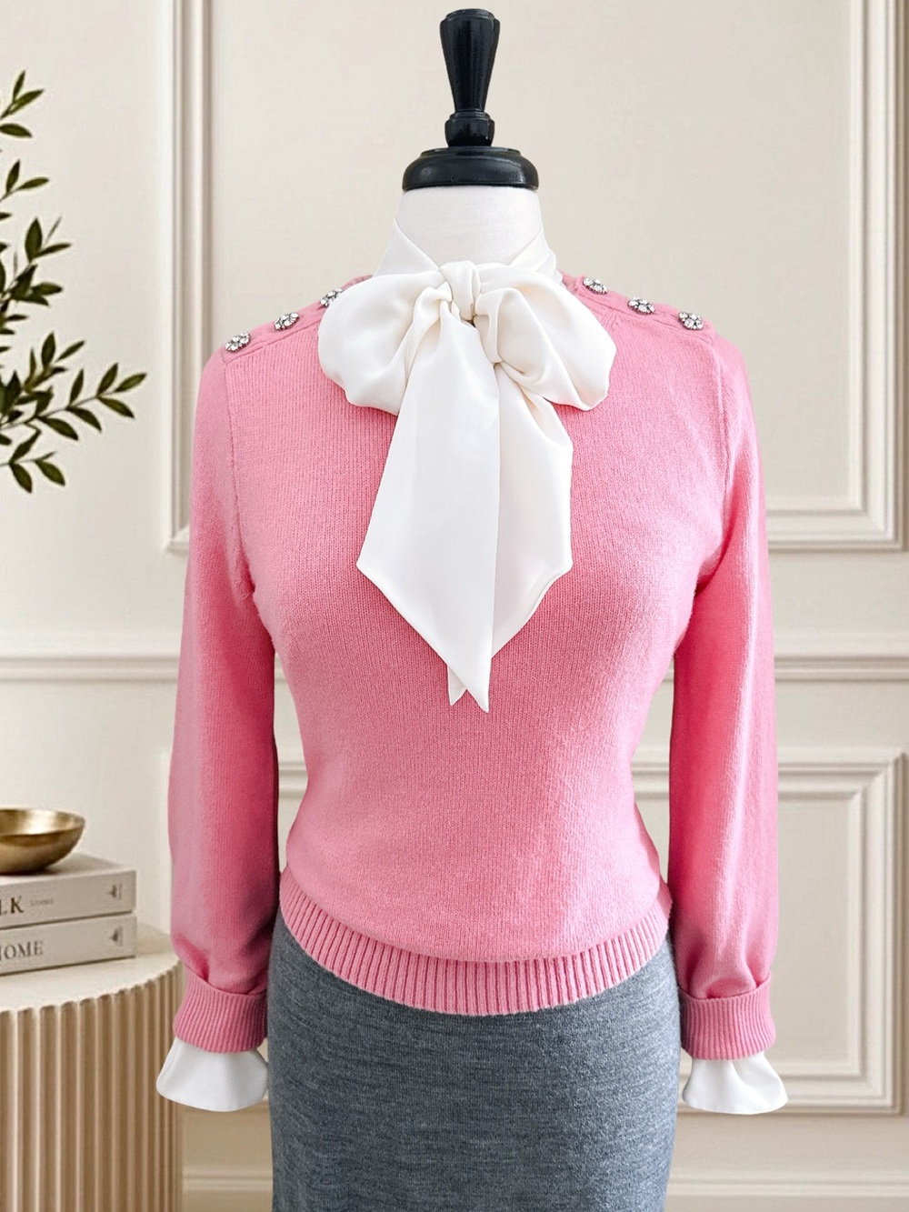J Crew Lambswool Sweater Pink Jeweled Shoulder Crewneck Preppy Feminine Academia